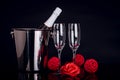 Champagne bottle with two wine glasses and red rose Royalty Free Stock Photo