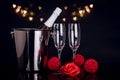 Champagne bottle, two wine glasses and red rose Royalty Free Stock Photo