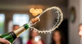 A champagne bottle is uncorked, creating a splash of sparkling liquid in a festive celebration. Royalty Free Stock Photo