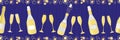 Champagne bottle vector seamless border. Hand drawn bubbles, glasses, fizzy drink indigo gold banner. Elegant sparkling Royalty Free Stock Photo