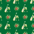 Champagne bottle vector seamless pattern background. Groups of hand drawn bubbles, glasses, fizzy drink gold green Royalty Free Stock Photo