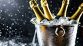 Champagne bottles chilling in an ice bucket, black background with droplets of condensation Royalty Free Stock Photo