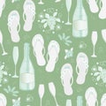 Champagne bottles and flip flop shoe vector seamless pattern background. Glasses, sparkling wine, sandals flower