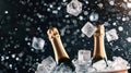 Champagne Bottles and Floating Ice Cubes with motion blur against a black background Royalty Free Stock Photo