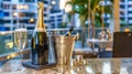 Champagne Bottles and Glass Ready for Festive Toast with Cityscape Background