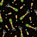 Champagne bottles and glasses celebration seamless vector pattern. Repeating multidirectional party background. Hand drawn