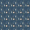 Champagne bottles and glasses vector seamless pattern on blue background. Party invitation, holiday card. Modern grunge background Royalty Free Stock Photo