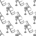 Champagne bottles and glasses vector seamless pattern on white background. Black and white holiday background hand-drawn