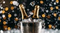 Champagne Bottles in Ice Bucket Amidst Flying Ice, Set Against a Dark Ambience Royalty Free Stock Photo