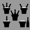 Champagne bottles in a metal bucket with ice. Black silhouette. Vector illustration. Royalty Free Stock Photo