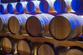 Champagne brut sparkling wine production in oak wooden barrels in underground cellar, Reims, Champagne, France