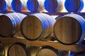 Champagne brut sparkling wine production in oak wooden barrels in underground cellar, Reims, Champagne, France