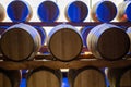 Champagne brut sparkling wine production in oak wooden barrels in underground cellar, Reims, Champagne, France