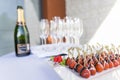 Champagne and chocolate covered strawberries served as an appetizer snack and welcome drink