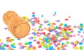 Champagne cork on confetti background. Royalty Free Stock Photo