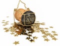 Champagne cork and confetti of golden stars Royalty Free Stock Photo