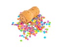 Champagne cork with confetti on white. Royalty Free Stock Photo