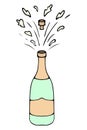 Champagne. The cork flew out of a green glass bottle of sparkling wine. Golden label. Place for text Royalty Free Stock Photo