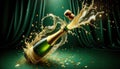 Champagne cork flying from bottle with splash,droplet and sparkle against a green background. Festive concept