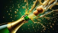 Champagne cork flying from bottle with splash,droplet and sparkle against a green background. Festive concept Royalty Free Stock Photo