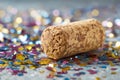 Champagne cork lying on a light surface surrounded by colorful confetti Royalty Free Stock Photo