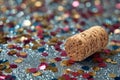 Champagne cork lying on table covered with colorful confetti Royalty Free Stock Photo