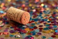 Champagne cork lying on table covered with colorful confetti Royalty Free Stock Photo