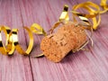 Champagne Cork On Wooden Table, single champagne cork Christmas Royalty Free Stock Photo
