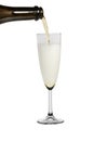 Champagne from a dark bottle pours into a glass with a lot of foam. Isolated on a white background Royalty Free Stock Photo