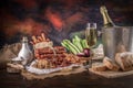 Champagne with delicious pieces of sliced ham, sausage, tomatoes, salad and vegetable - Meat platter with selection - Cutting Royalty Free Stock Photo