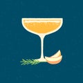 Cocktail drink glass with peach and rosemary. Flat vector texture illustration