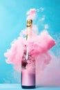 Champagne explosion on blue background. Glass wine bottle with beautiful pink smoke for celebration Christmas or New Year Royalty Free Stock Photo