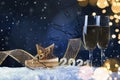 Champagne Explosion With Toast Of Flutes. Christmas card Royalty Free Stock Photo