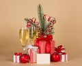 Champagne, fir-tree branch with tinsel, gift boxes Royalty Free Stock Photo