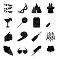 Champagne, firecrackers, cake items for the holiday.Party And Parties set collection icons in black style vector symbol