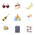 Champagne, firecrackers, cake items for the holiday.Party And Parties set collection icons in cartoon style vector