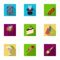 Champagne, firecrackers, cake items for the holiday.Party And Parties set collection icons in flat style vector symbol