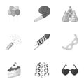 Champagne, firecrackers, cake items for the holiday.Party And Parties set collection icons in monochrome style vector