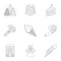 Champagne, firecrackers, cake items for the holiday.Party And Parties set collection icons in outline style vector