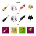 Champagne, fireworks and other accessories at the party.Party and partits set collection icons in cartoon,black,flat