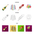 Champagne, fireworks and other accessories at the party.Party and partits set collection icons in cartoon,outline,flat