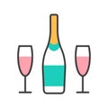 Champagne flat line bottle and two glasses icon. Royalty Free Stock Photo