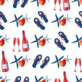 Champagne,flip flop shoes seamless vector pattern background. Red, blue white backdrop of bottles, glasses, hearts Royalty Free Stock Photo