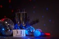 Champagne flutes, disco balls,  fir branch, microphone, New Year. 31 december. Karaoke, club, bar Royalty Free Stock Photo