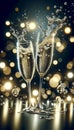 Champagne flutes with expressive splashes. Shimmering bokeh lights background