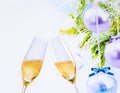 Champagne flutes with golden bubbles on christmas tree decoration background Royalty Free Stock Photo