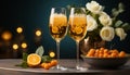 Champagne flutes with golden yellow roses and ribbon