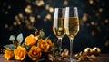 Champagne flutes with golden yellow roses and ribbon