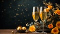 Champagne flutes with golden yellow roses and ribbon