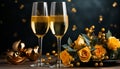 Champagne flutes with golden yellow roses and ribbon